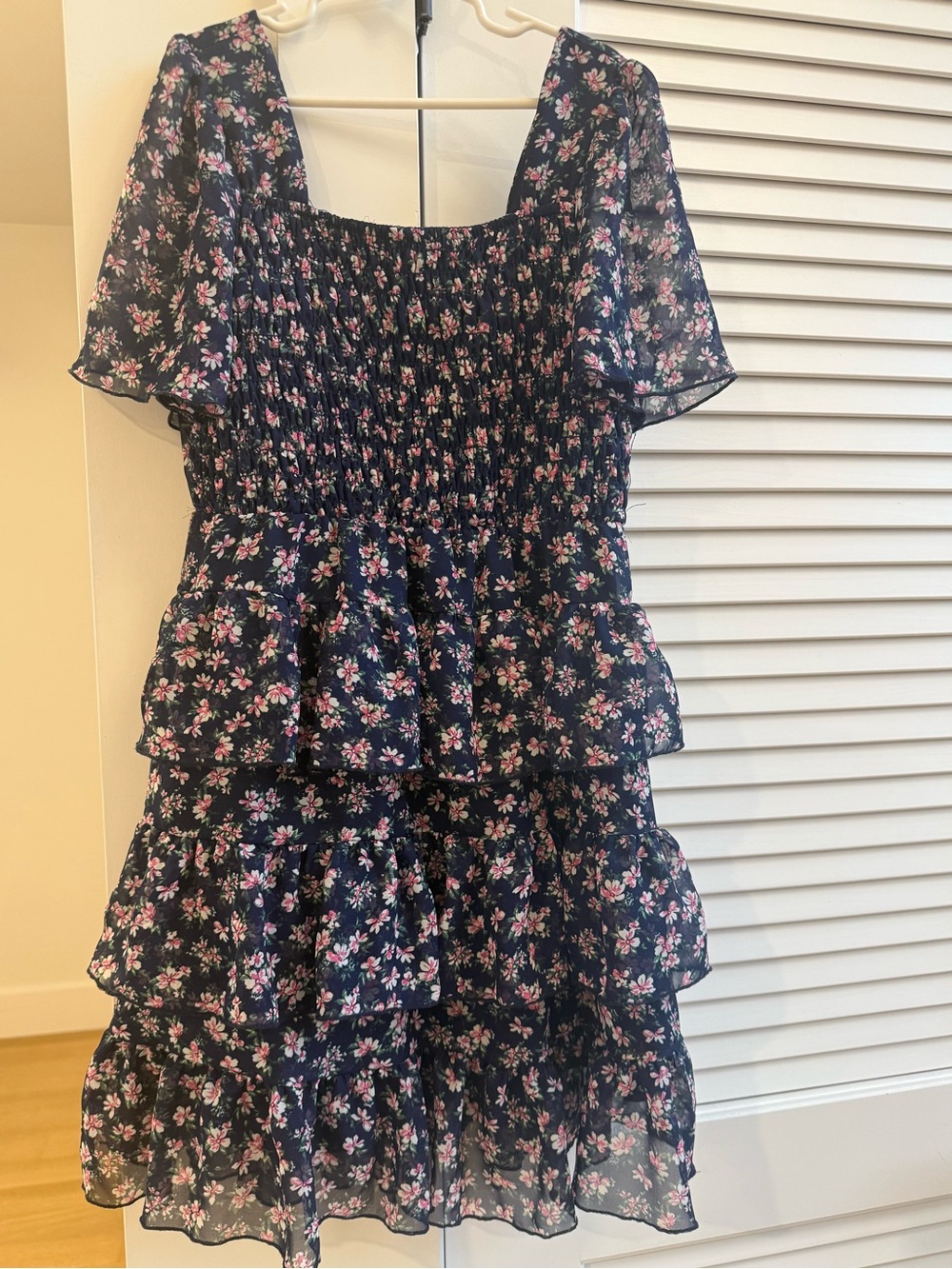 Zunie Girls Flutter Sleeve Navy Floral Tiered Ruffle Dress with Smocked Bodice